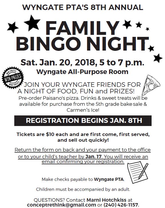 Wyngate PTA Bingo Night-Saturday, January 20th from 5pm to 7pm 2